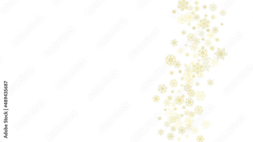 Glitter snowflakes frame on white horizontal background. Shiny Christmas and New Year frame for gift certificate, ads, banners, flyers. Falling snow with golden glitter snowflakes for party invite Glitter snowflakes frame on white horizontal background. Shiny Christmas and New Year frame for gift certificate, ads, banners, flyers. Falling snow with golden glitter snowflakes for party invite