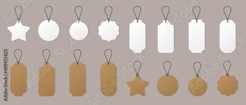 Empty white price tag label. Paper realistic card sale badge. Vector round star rectangle empty cardboard shape