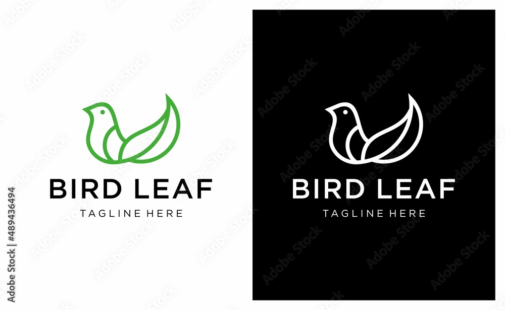 bird leaf logo vector icon line art outline template. on a black and white background.