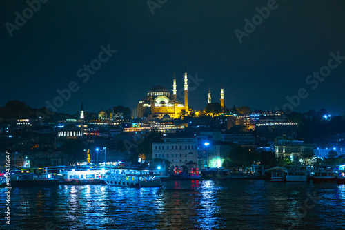 Istanbul mosques. Suleymaniye Mosque and cityscape of Istanbul at night