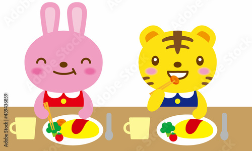 ウサギとトラ　給食　お箸