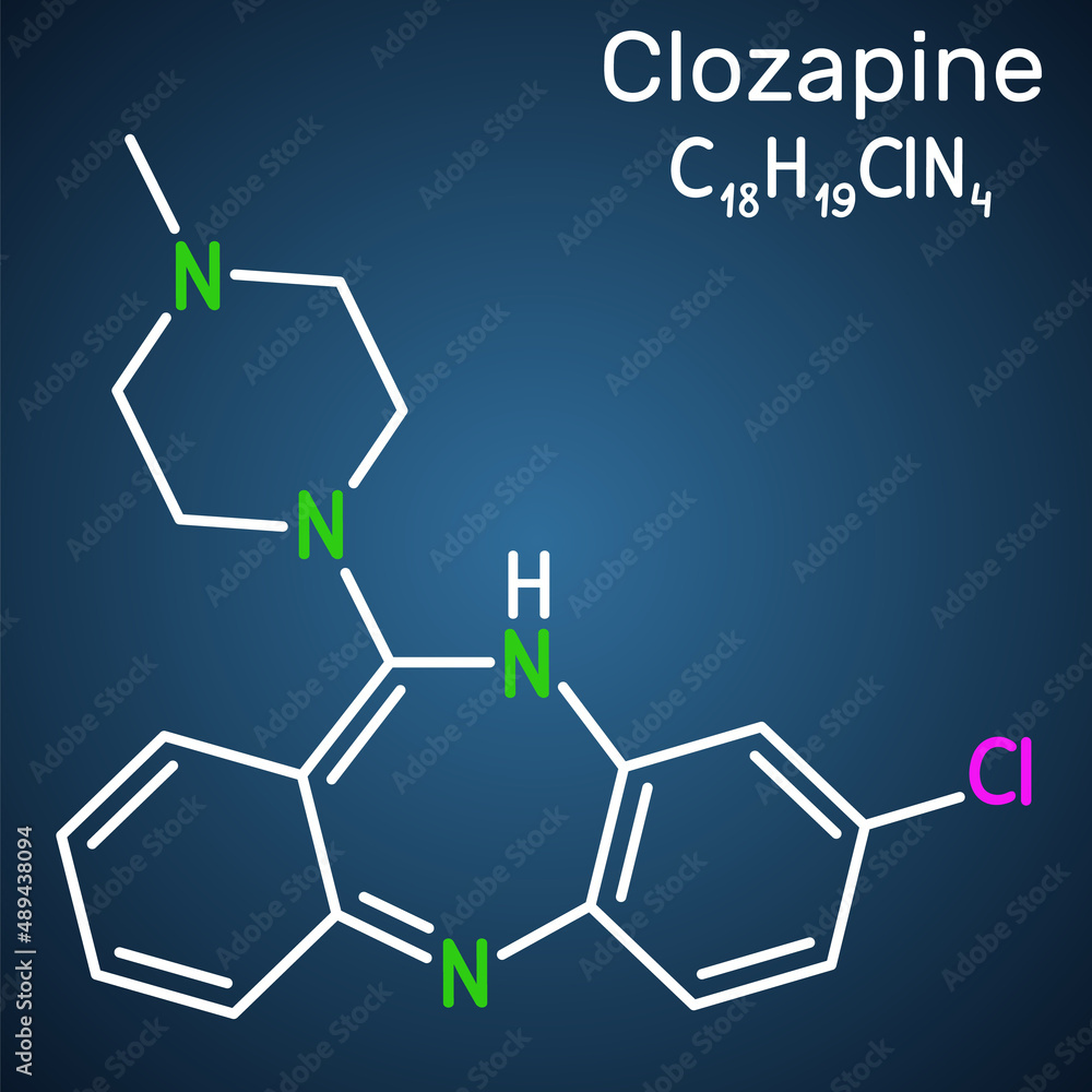Clozapine molecule. It is dibenzodiazepine, atypical antipsychotic, neuroleptic. Used in treatment resistant schizophrenia. Structural chemical formula on the dark blue background