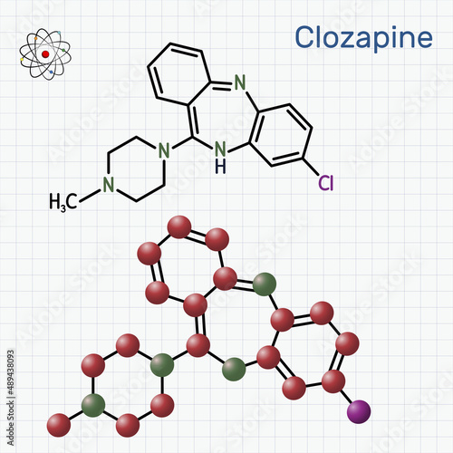 Clozapine molecule. It is dibenzodiazepine, atypical antipsychotic, neuroleptic. Used in treatment resistant schizophrenia. Structural chemical formula, molecule model. photo