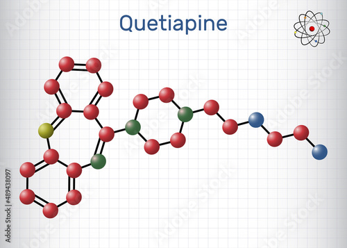 Quetiapine molecule. It is neuroleptic, atypical antipsychotic medication for the treatment of schizophrenia, bipolar disorder. Molecule model. Sheet of paper in a cage