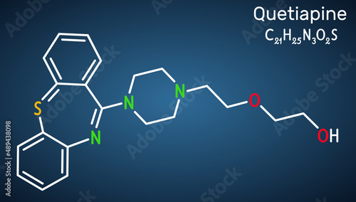 Quetiapine molecule. It is neuroleptic, atypical antipsychotic medication for the treatment of schizophrenia, bipolar disorder. Structural chemical formula, dark blue background.