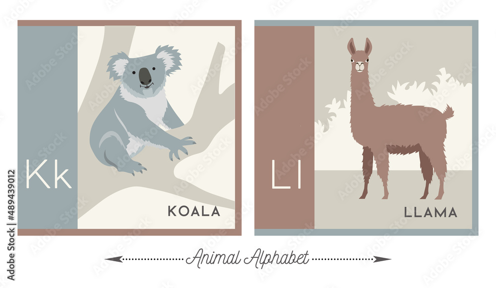 Illustrated alphabet with animals for kids. Letter K for Koala and letter L for Llama. Vector collection of wildlife.  For printable cards, learning tools, decor.