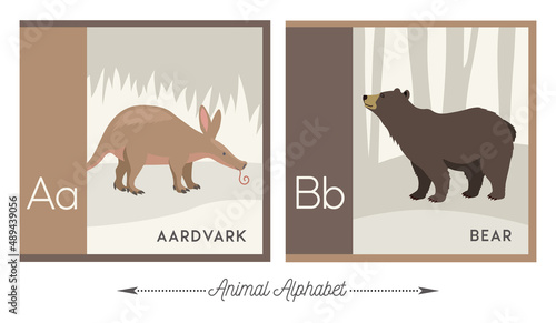 Illustrated alphabet with animals for kids. Letter A for aardvark and letter B for bear. Vector collection of wildlife. For printable cards, learning tools, decor.