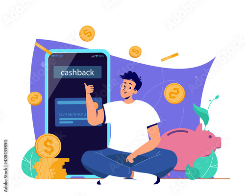 Cashback concept. Man with smartphone, money or coins goes in a piggy bank. Vector illustration in flat style. Internet banking app. Saving money, refund, online money transfer, mobile payment.