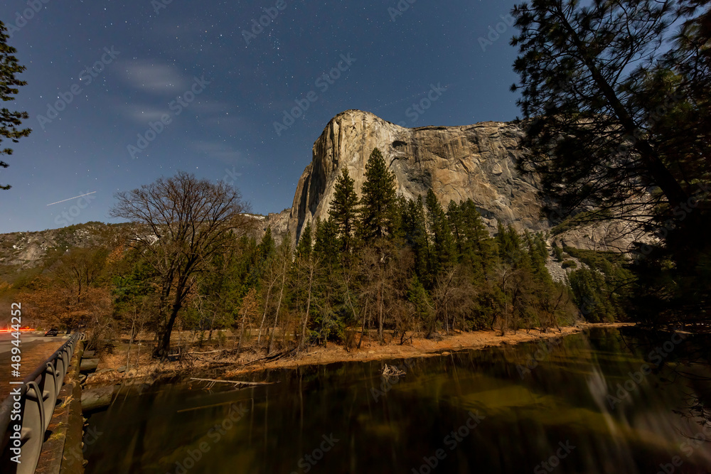Night view of the merced river landscape of Yosemite National Park