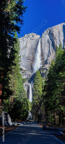 Sunny view of the upper and lower Yosemite Falls of Yosemite National Park photo