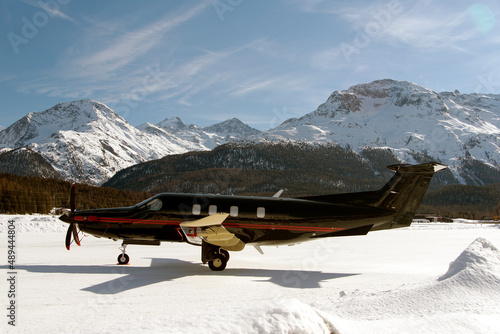 A private jet landing at the Engadine St Moritz airport
