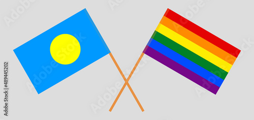 Crossed flags of Palau and LGBTQ. Official colors. Correct proportion