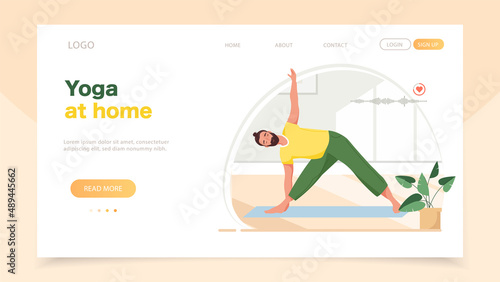Yoga at home. Man doing yoga exercises in cozy modern interior. Male character practicing meditation and stretching on the mat in yoga studio or home landing page template. Flat vector illustration.