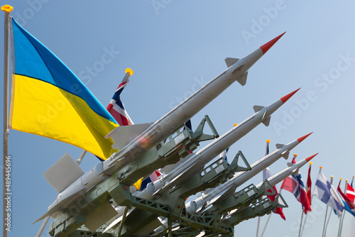 Flags of Ukraine, Russia and NATO and European Union countries. International relations and territorial policy. photo
