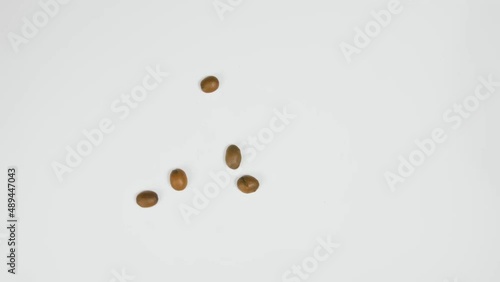 The coffee beans spin rotate quickly fast fly, dispart, splash to the sides with centrifugal coriolis force. The video is in reverse. Twist, create pattern, make design picture. Pressurized air wind. photo