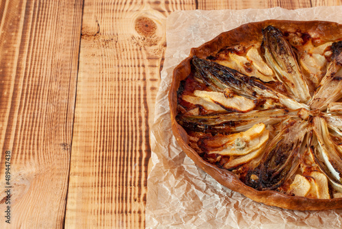 Sweety salty homemade chicory and pear tart