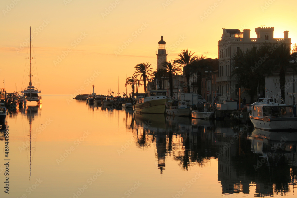 Lighthouse and old fishing port of Grau du roi in Camargue, a resort on the coast of Occitanie region in France