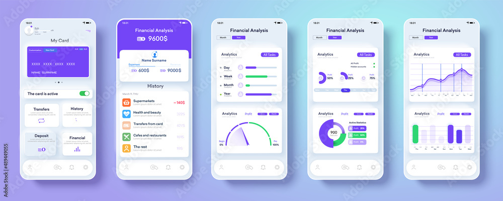 Neomorphism bank app interface design on smartphone screen. Online banking app concept design. UI, UX, GUI set with wallet.  Diagrams, clean and simple app interface. Vector illustration - obrazy, fototapety, plakaty 