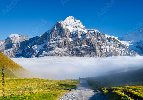 Mountains landscape above the clouds in the valley.  Mountain range and clear...