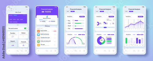 Neomorphism bank app interface design on smartphone screen. Online banking app concept design. UI, UX, GUI set with wallet.  Diagrams, clean and simple app interface. Vector illustration photo