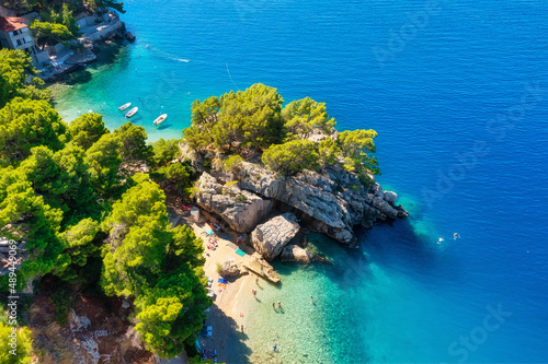 Mediterranean sea. Aerial view on the beach and rocks. Top view from drone at...