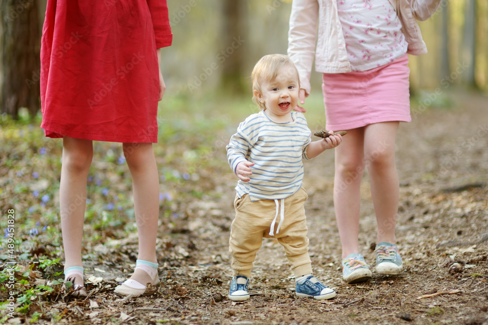 Two sisters and their toddler brother having fun during a hike in the woods on beautiful sunny spring day. Active family leisure with kids. Two sisters and their toddler brother having fun during a hike in the woods on beautiful sunny spring day. Active family leisure with kids.