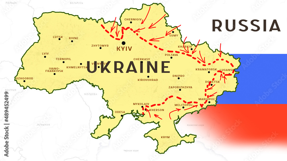 the advance of Russian troops towards Kiev on the map of Ukraine. occupation of Ukraine