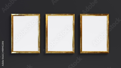 Three golden rectangle frames isolated on black background. 3D render. 3D illustration.
