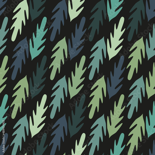 Arugula time. Seamless pattern on a black background. Calm eco-friendly vector illustration. Abstract leaves in different shades of green.