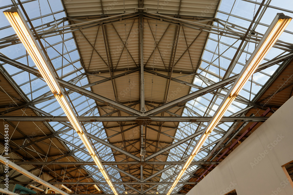 interior view of the roof construction of a factory hall from the late 19th century in cologne