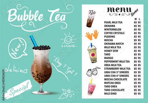 Bubble milk tea, Pearl milk tea , Different sorts of Boba. Yummy drinks. Ads with delicious tapioca.  Restaurant cafe menu, template design. Food flyer. Chalk board, retro menu restaurant poster. 