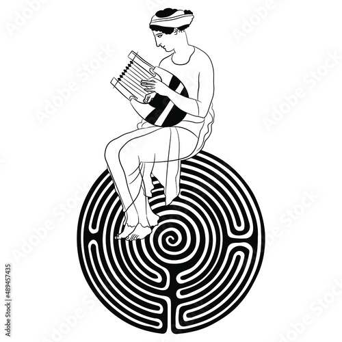 Ancient Greek lady playing lyre on a round spiral maze or labyrinth symbol. Creative concept. Antique culture. Black and white silhouette.