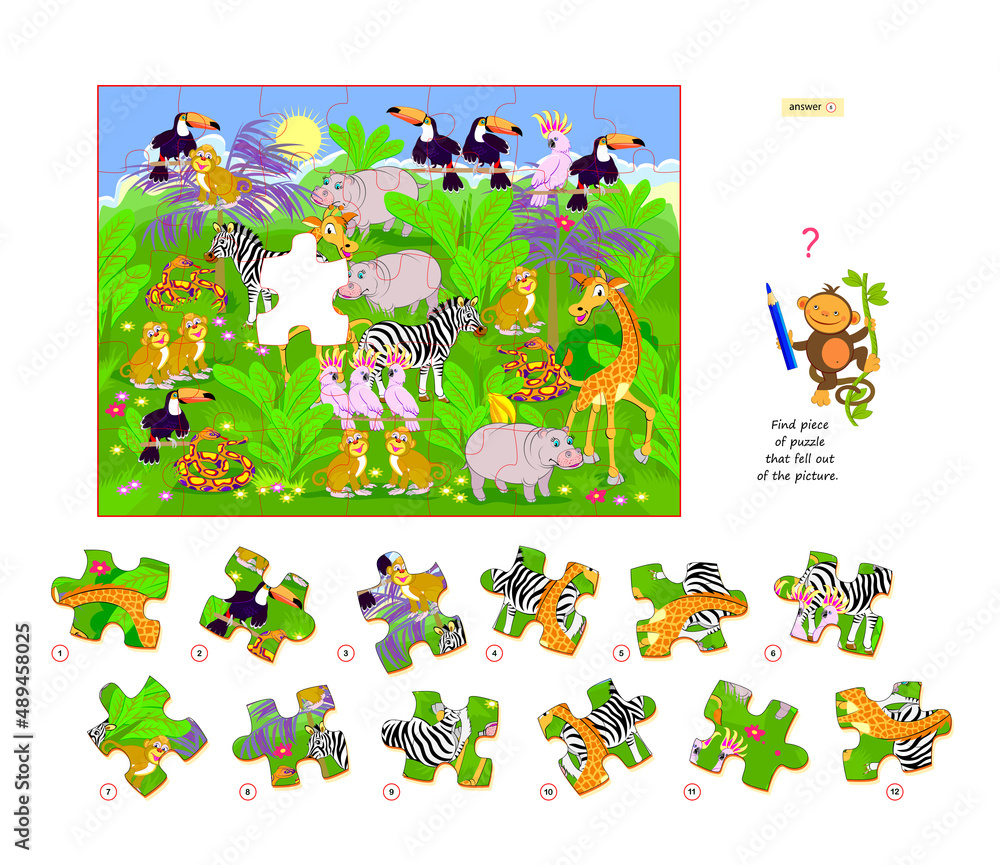 logic game for children and adults find piece of puzzle that fell out of picture printable page for kids brain teaser book developing spatial thinking play online vector illustration stock vector