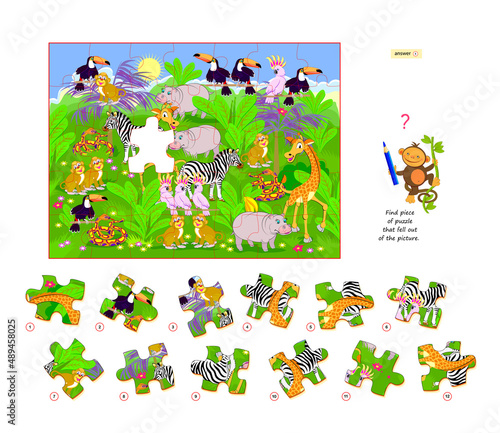 Logic game for children and adults. Find piece of puzzle that fell out of picture. Printable page for kids brain teaser book. Developing spatial thinking. Play online. Vector illustration.