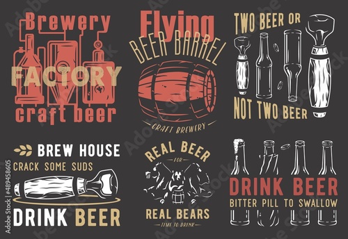 Craft beer brewery, brewing factory and bears with mug of beer and barrel