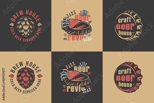 Craft beer brewery, hop seed, brewing can and corks for beer emblems set