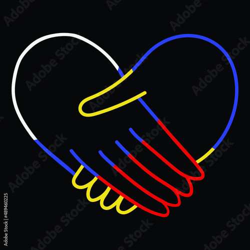 Friendship of the people. Palms in the shape of a heart, reconciliation of countries, the hand of a peacemaker, the conclusion of peace. Contour Drawing in doodle style, anti-war art