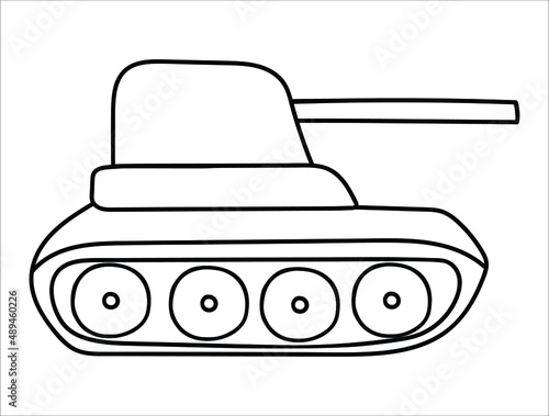 Drawing of a tank in doodle style. Contour military equipment, linear illustration in doodle style. Hand drawn military print, war