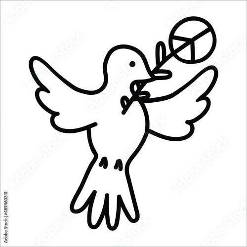 Drawing with a peaceful dove in doodle style. Contour images of the Day of peace, anti-war linear illustration of a pigeon with a twig. Hand drawn print, no war, creative art with symbols of world pea
