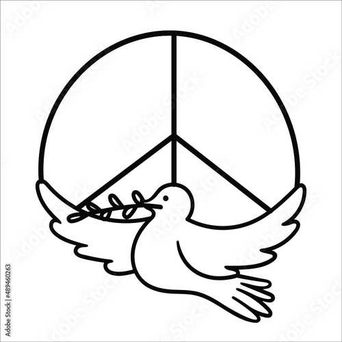 Drawing with a peaceful dove in doodle style. Contour images of the Day of Peace, anti-war linear illustration. Hand drawn print, no war, creative art with symbols of world peace