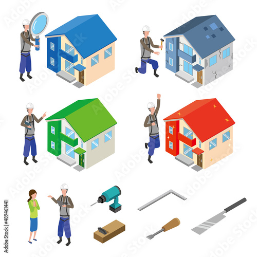 住宅の点検修理作業員のセットイラスト