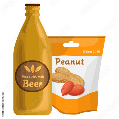 Beer with package of peanuts style meal snack vector fas food concepr template