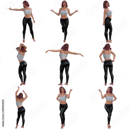 Young beautiful adult dressed woman poses in different positions, set of 3D illustrations