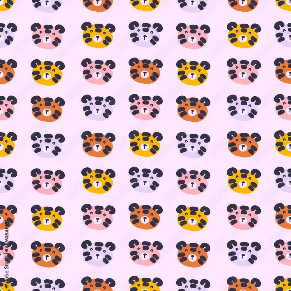 Hand drawn seamless pattern with cute tiger faces. Perfect for T-shirt, textile and print. Cartoon style illustration for decor and design. Hand drawn seamless pattern with cute tiger faces. Perfect for T-shirt, textile and print. Cartoon style illustration for decor and design.