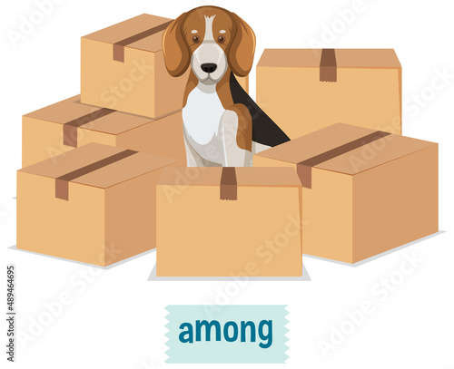 Prepostion wordcard design with dog among boxes © brgfx