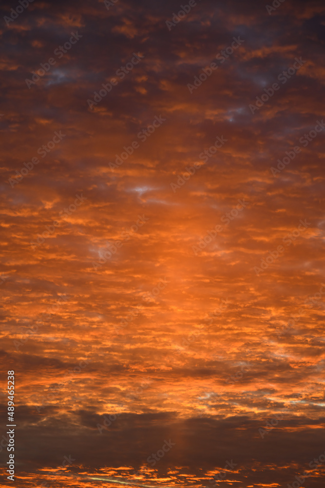 Brilliant sunset sky filled with clouds lit in oranges and purples by the sun, as a nature background
