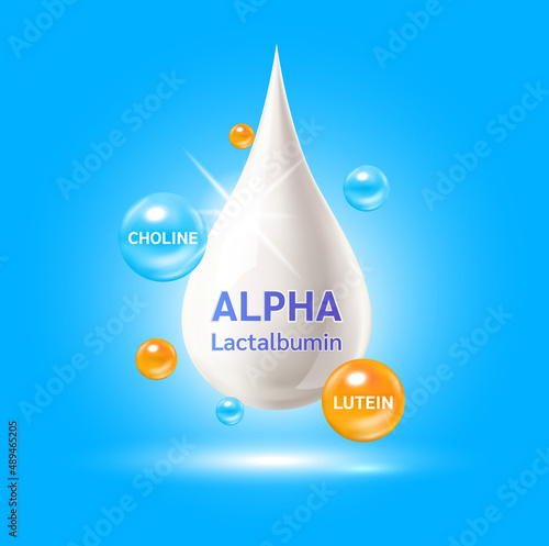 Alpha lactalbumin,  Lutein and Vitamin Choline. Whey protein containing essential amino acids for infant. Design logo products kids food. Benefits of food improving heart, brain. Vector.