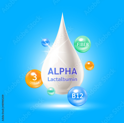 Alpha lactalbumin omega 3 and vitamin B12, Fiber. Whey protein containing essential amino acids for infant. Design logo products kids food. Benefits of food improving heart, brain. Vector.