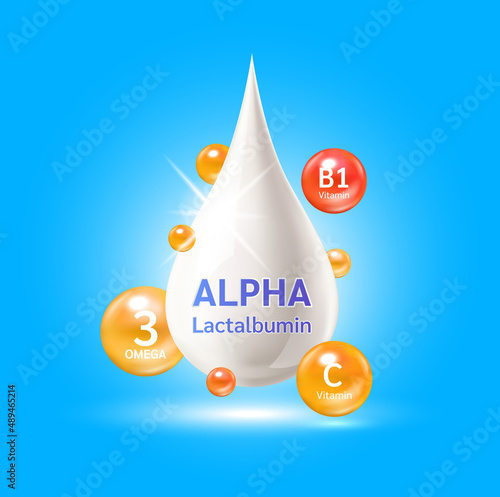 Alpha lactalbumin omega 3 and vitamin B1, C. Whey protein containing essential amino acids for infant. Design logo products kids food. Benefits of food improving heart, brain. Vector.
