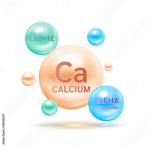 Electron for Minerals Calcium, Folate vitamin B9 and Alpha lactalbumin. Therapy helps maintain brain, strong bone. Medical scientific and healthcare concept. 3D Vector EPS10 illustration.